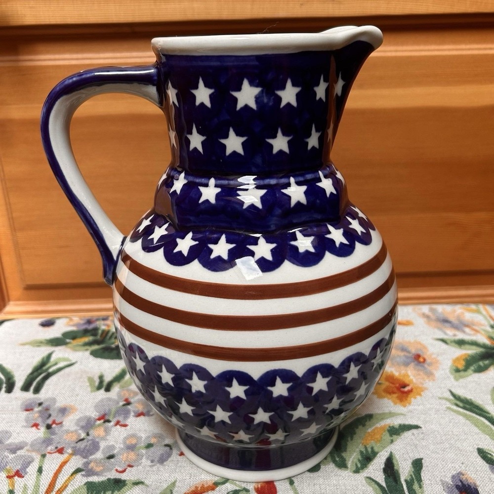 Boleslawiec Polish Pottery Stars Stripes Patriotic 9" Pitcher Americana USA Flag